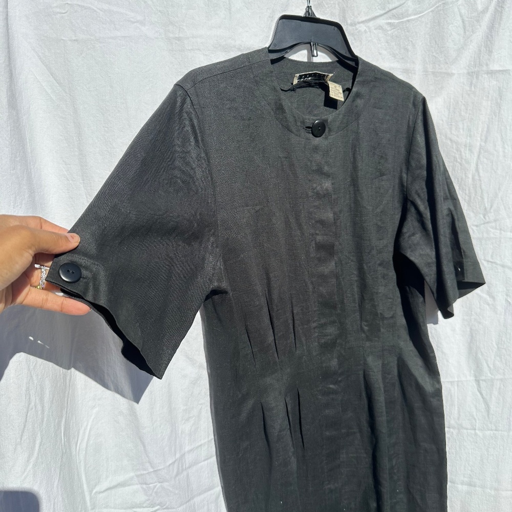 100% Linen Black Cinched Waist Structured Midi Length Minimalist Dress - Picture 3 of 5